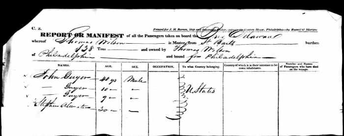 GUYER John MANIFEST 03 aout 1832 manifest arrival Philadelphia