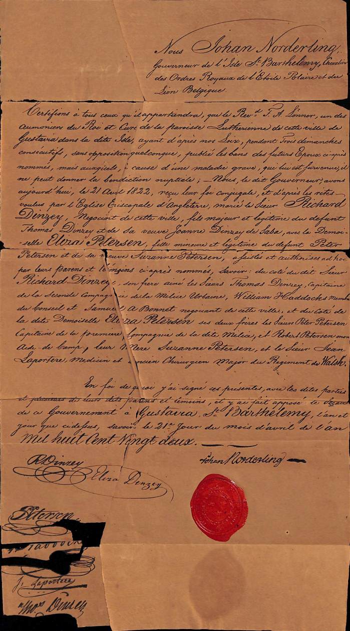 DINZEY Richard PETERSEN Eliza 21 Avril 1822 Gustavia Saint-Barthelemy