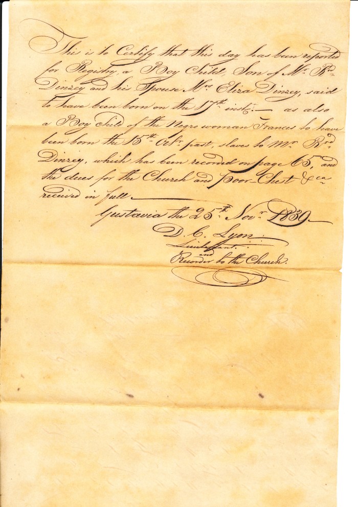 1830 - DINZEY BOY AND SLAVE BOY BIRTH