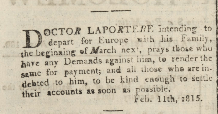 LAPORTERE DOCTOR FEVRIER 1815 THE REPORT